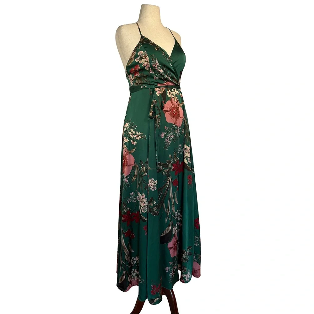 Lulus Still the One Emerald Green Floral Print Satin Maxi Dress | Size Large - Picture 7 of 8